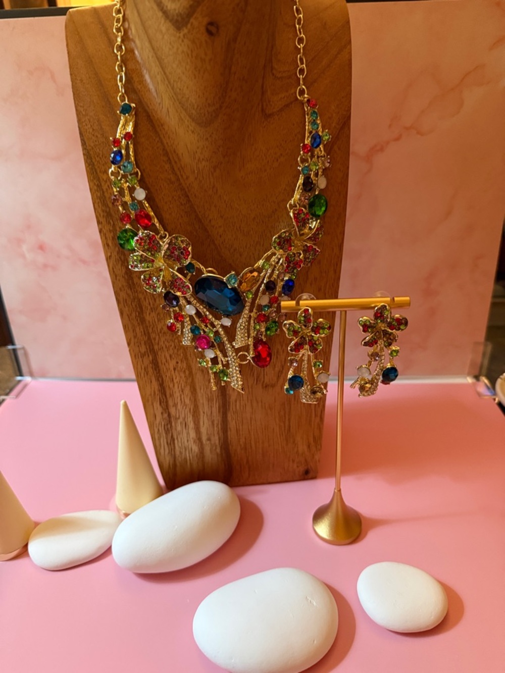 Gold-tone Multicolor Crystal Statement Necklace and Earring Set